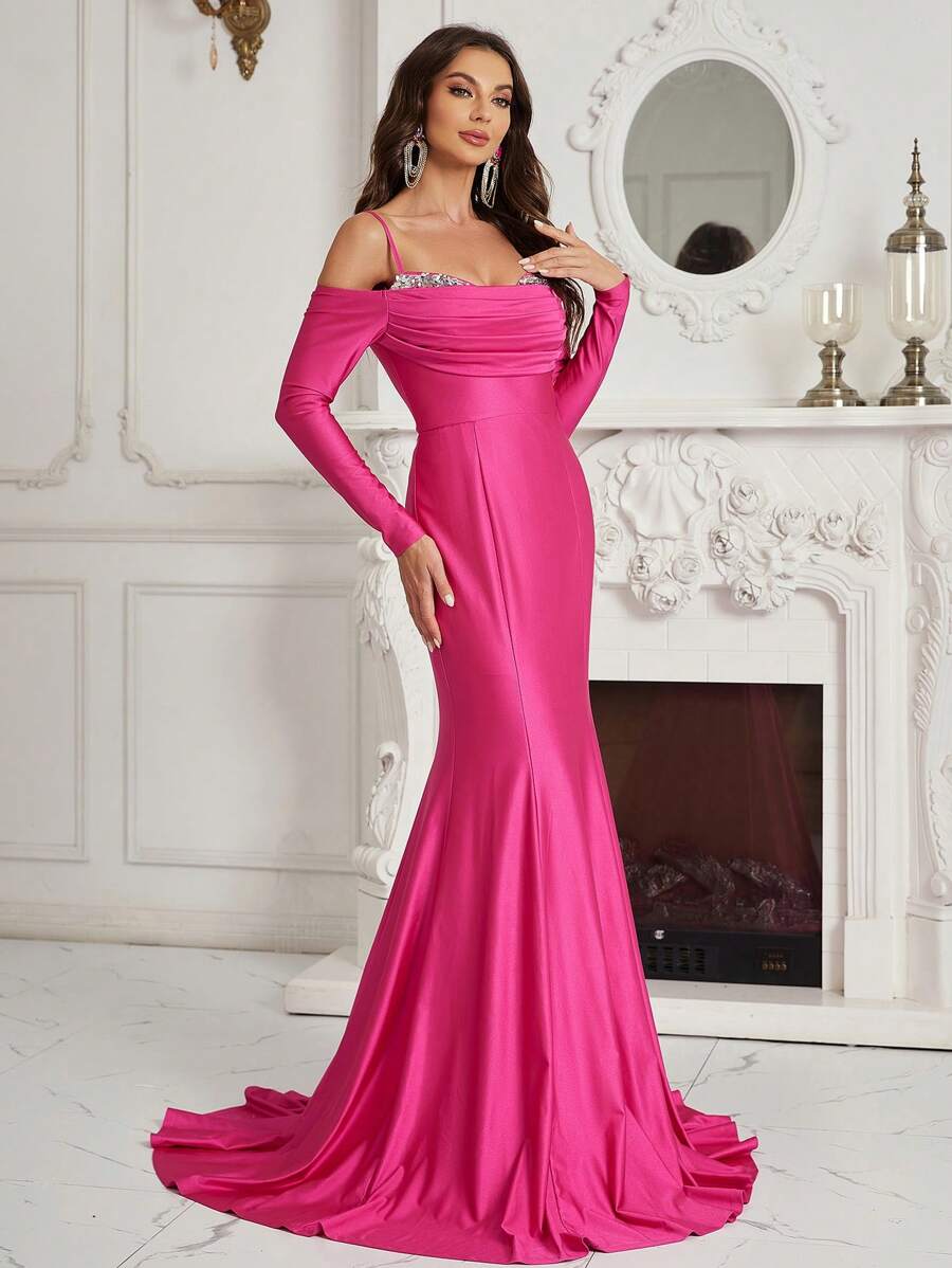 SHEIN Belle Cold Shoulder Sequin Detail Formal Dress