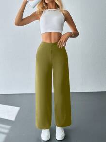 SHEIN Cottnline Women's Solid Color Sweater Pants With Elastic Waist - Mustard Yellow - View 3