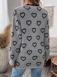 SHEIN LUNE 心形图案睫毛蕾丝边饰落肩交叉裹身针织套头衫秋冬毛衣 - 灰色 - 查看 2