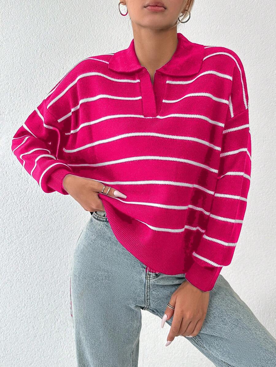 EURMUSE Striped Pattern Drop Shoulder Sweater - Pink - View 1