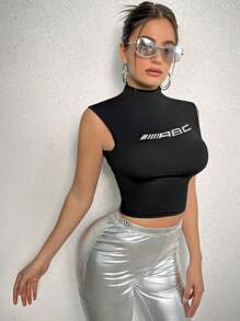 Zolique Letter Graphic Mock Neck Tank Top - Black - View 1