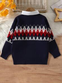 SHEIN Young Boy Argyle Pattern Contrast Collar Sweater - Blue - View 2