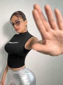 Zolique Letter Graphic Mock Neck Tank Top - Black - View 6