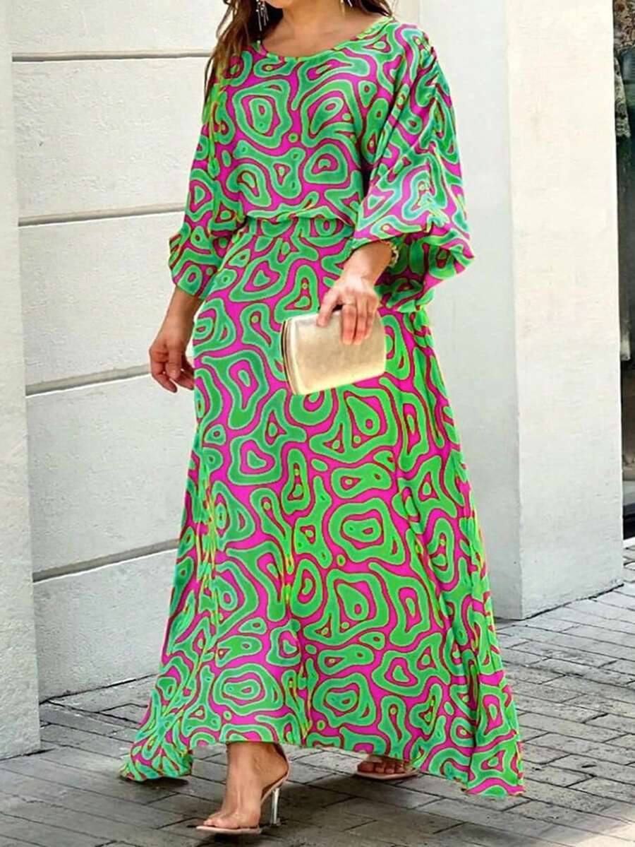 Đầm in họa tiết toàn thân cổ tròn tay dài cỡ lớn - màu xanh lá - Xem 1
