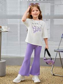 SHEIN Cô Gái Trẻ Đồ họa Chữ cái Áo thun Thả vai & Quần ống loe - Nhiều màu - Xem 4