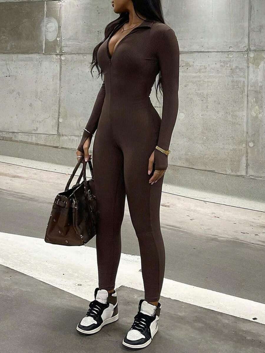 Zipper Tight Fit Jumpsuit - Cà phê nâu - Xem 1