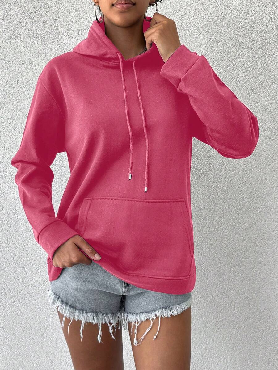 EURMUSE Women's Solid Color Drop Shoulder Hoodie With Drawstring - Coral Pink - View 1