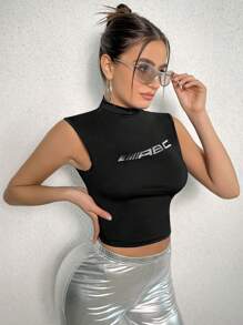 Zolique Letter Graphic Mock Neck Tank Top - Black - View 3