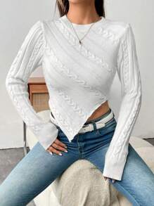SHEIN Unity Suéter de punto asimétrico de punto de cable sólido para otoño e invierno - Blanco - Ver 3