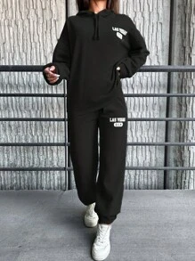 RueChic Women's Letter Print Hoodie Two-piece Set - Black - View 4