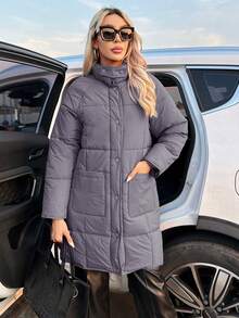 SHEIN LUNE Áo khoác dài tay đơn hàng khuy đơn giản có đệm cho nữ, màu trơn, quần áo mùa đông - Bụi tím - Xem 3