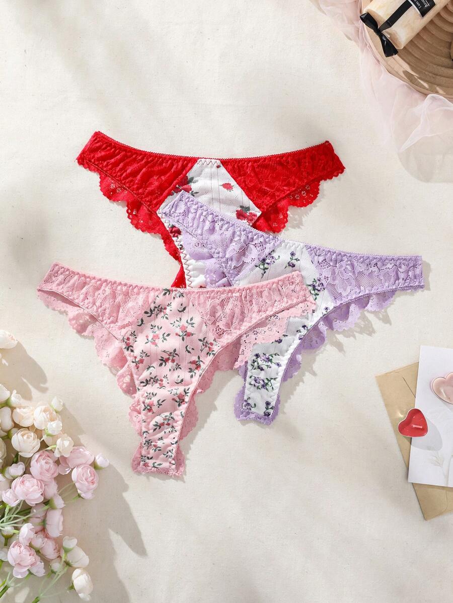SHEIN 3pack Floral Print Lace Trim Thong Lingerie - Multicolor - View 1