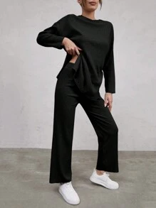 Cloudara Mock Neck Drop Shoulder Tee And Trousers - Black - View 4