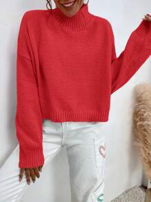 EURMUSE Turtleneck Drop Shoulder Sweater - Red - View 3