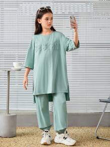 SHEIN Tween Girls鬆身復古風毛衣和長褲,3d字母印花兩件套 - 綠色 - 查看 1