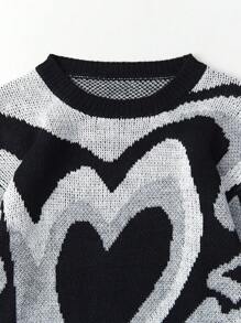 Teen Girl Heart Pattern Drop Shoulder Sweater Dress Without Belt - Multicolor - View 6