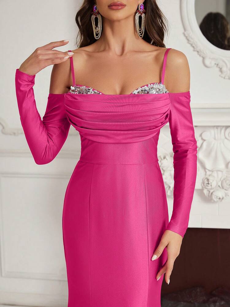 Cold Shoulder Sequin Detail Formal Dress