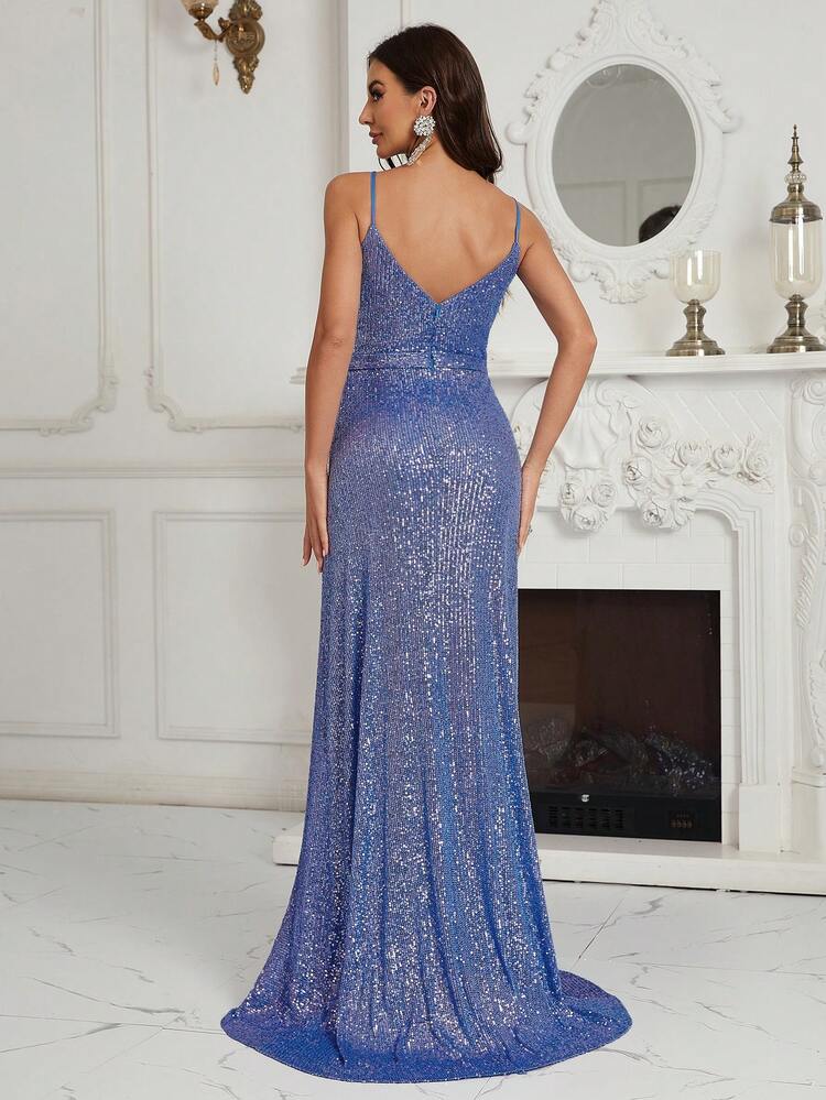 Mesh Insert Asymmetrical Hem Sequin Cami Prom Dress