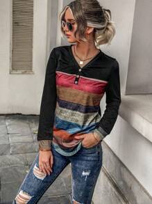 SHEIN LUNE 條紋圖案前紐扣頭巾下擺 T恤 - 彩色 - 查看 5