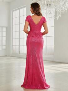 SHEIN Belle Split Thigh Sequin Prom Dress - Pink - View 5