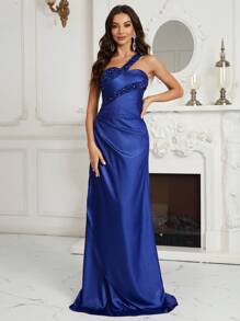 SHEIN Belle One Shoulder Contrast Sequin Wrap Hem Prom Dress - Blue - View 2