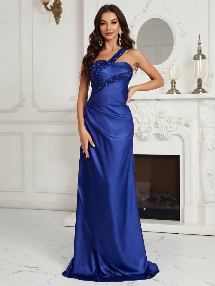 One Shoulder Contrast Sequin Wrap Hem Prom Dress