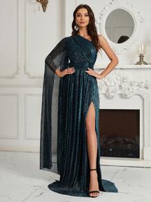 SHEIN Belle 單肩分裂大腿閃爍正式洋裝 - 藍色 - 查看 2