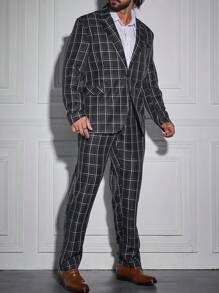 Manfinity Mode Men Plus Grid Print Single Button Blazer & Pants Set