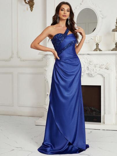 SHEIN Belle One Shoulder Contrast Sequin Wrap Hem Prom Dress