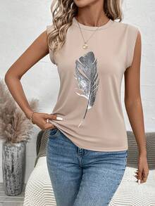 SHEIN LUNE Camiseta con estampado de pluma de manga casquillo - Caqui - Ver 6