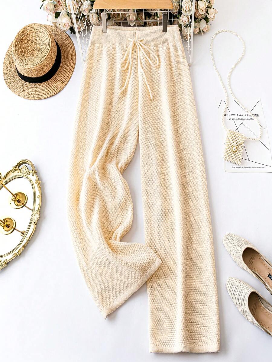 SHEIN LUNE 大碼腰部抽繩毛衣褲子 - 杏色 - 查看 1