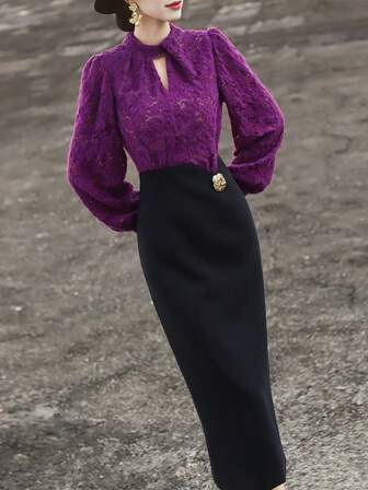 Contrast Lace Keyhole Neckline Lantern Sleeve Dress