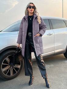 SHEIN LUNE Áo khoác dài tay đơn hàng khuy đơn giản có đệm cho nữ, màu trơn, quần áo mùa đông - Bụi tím - Xem 5