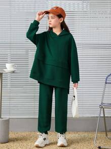 SHEIN Tween Girl Drop Shoulder Hoodie & Sweatpants - Green - View 8