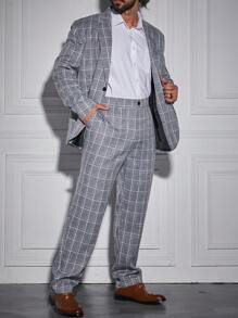 Manfinity Mode Men Plus 1pc Plaid Single Button Blazer & 1pc Suit Pants Set - Grey - View 5