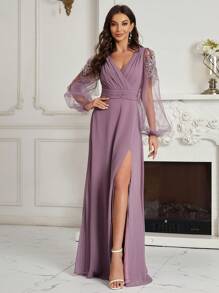 SHEIN Belle 女士刺绣网眼灯笼袖高开叉晚礼服优雅长袖正式舞会婚礼宾客礼服，适合毕业典礼、晚宴 - 淺灰紫 - 查看 4