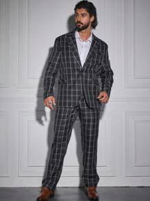 Manfinity Mode Men Plus Grid Print Single Button Blazer & Pants Set