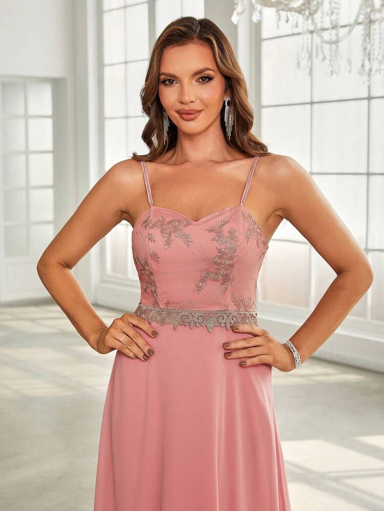 Embroidered Floral Applique Cami Bridesmaid Dress
