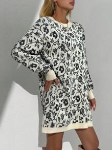 SHEIN Cottnline Flower Pattern Drop Shoulders Long Sweater - Black - View 4