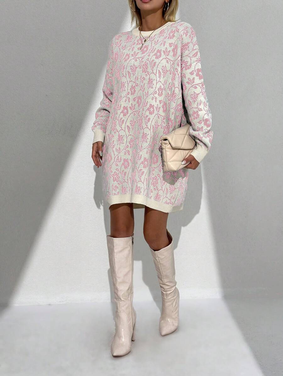 EURMUSE Floral Pattern Drop Shoulder Long Sweater - Baby Pink - View 1