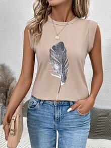 SHEIN LUNE Camiseta con estampado de pluma de manga casquillo - Caqui - Ver 4