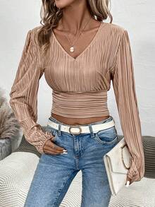 SHEIN Clasi 休閒褶邊純色女士襯衫 - 卡其色 - 查看 6