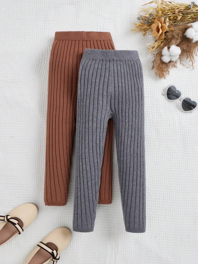 Young Girl 2pcs Ribbed Knit Sweater Pants