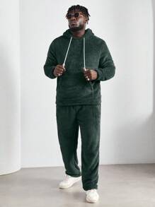Manfinity Hypemode 男士大码袋鼠口袋抽繩毛絨帽衫和褲子 - 綠色 - 查看 1