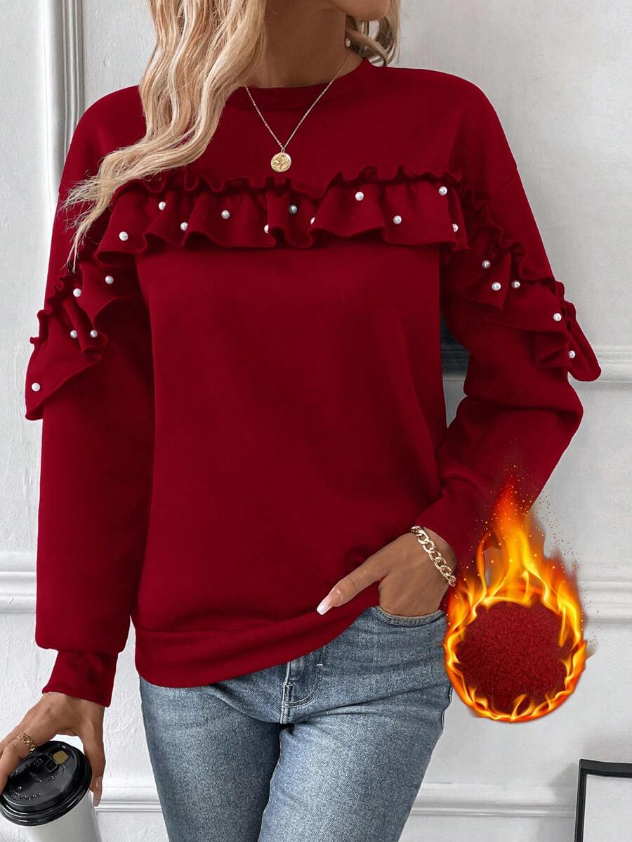 SHEIN Unity 珍珠串珠荷葉邊落肩袖運動衫 - 酒紅色 - 查看 1
