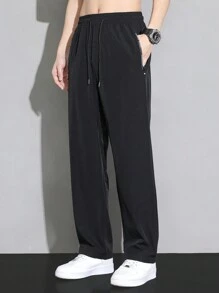 男士纯色抽绳腰侧口袋休闲裤 - 黑色 - 查看 1