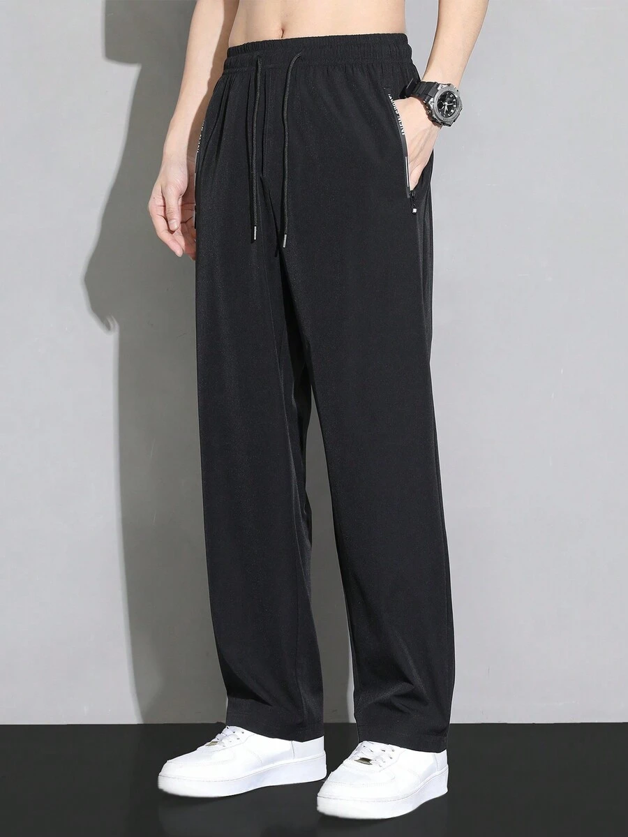 男士纯色抽绳腰侧口袋休闲裤 - 黑色 - 查看 1