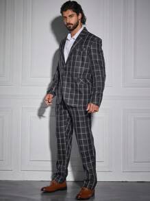 Manfinity Mode Men Plus Grid Print Single Button Blazer & Pants Set