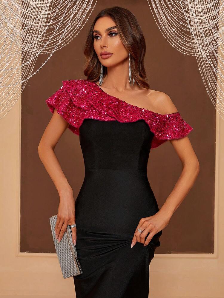 Asymmetric Neckline With Ruffle & Sparkly Patchwork Mermaid Evening Dress