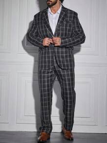 Manfinity Mode Men Plus Grid Print Single Button Blazer & Pants Set